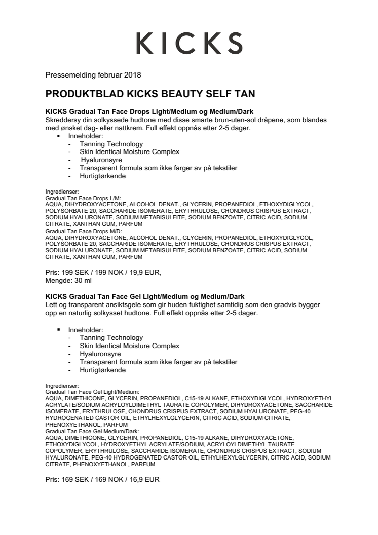 Produktblad KICKS Beauty Self Tan 2018