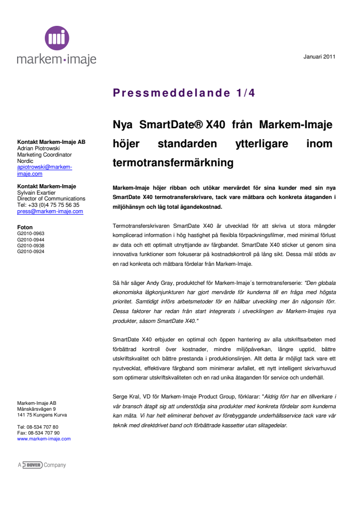 Nya SmartDate® X40 för termotransfermärkning från marknadsledande Markem-Imaje 