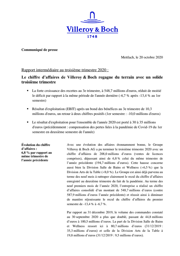 Rapport intermédiaire au troisième trimestre 2020 :  Le chiffre d’affaires de Villeroy & Boch regagne du terrain avec un solide troisième trimestre