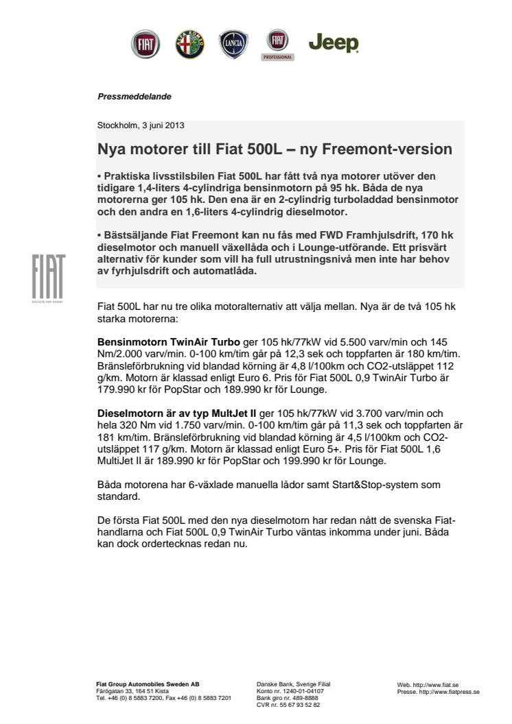 Nya motorer till Fiat 500L - Ny Freemont-version
