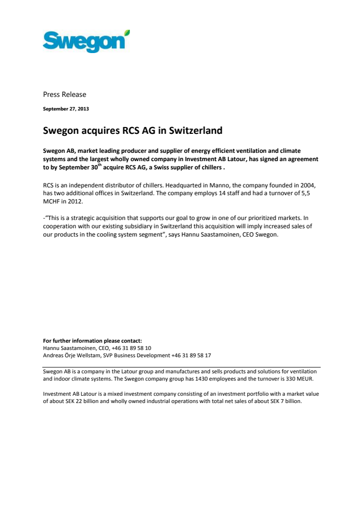 Swegon acquires RCS AG in Switzerland