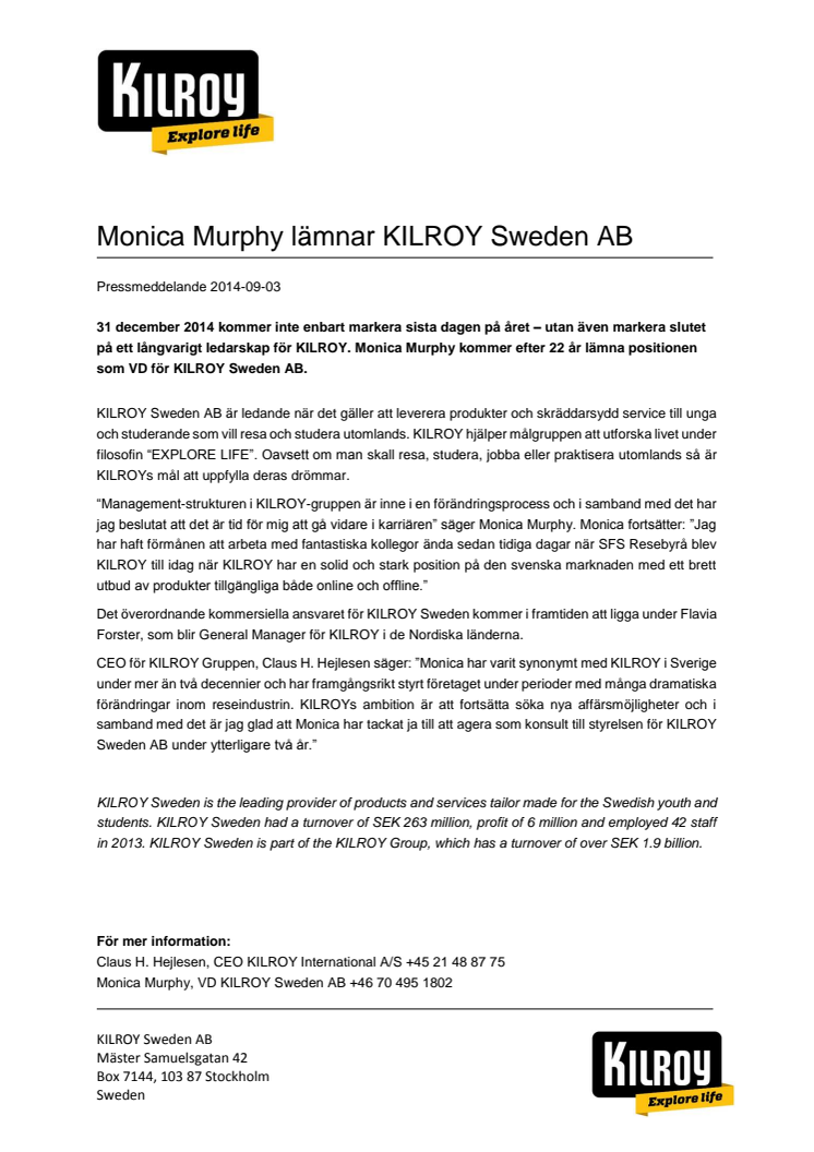 Monica Murphy lämnar KILROY Sweden AB