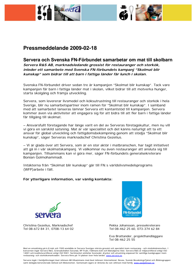 Servera och Svenska FN-Förbundet samarbetar om mat till skolbarn