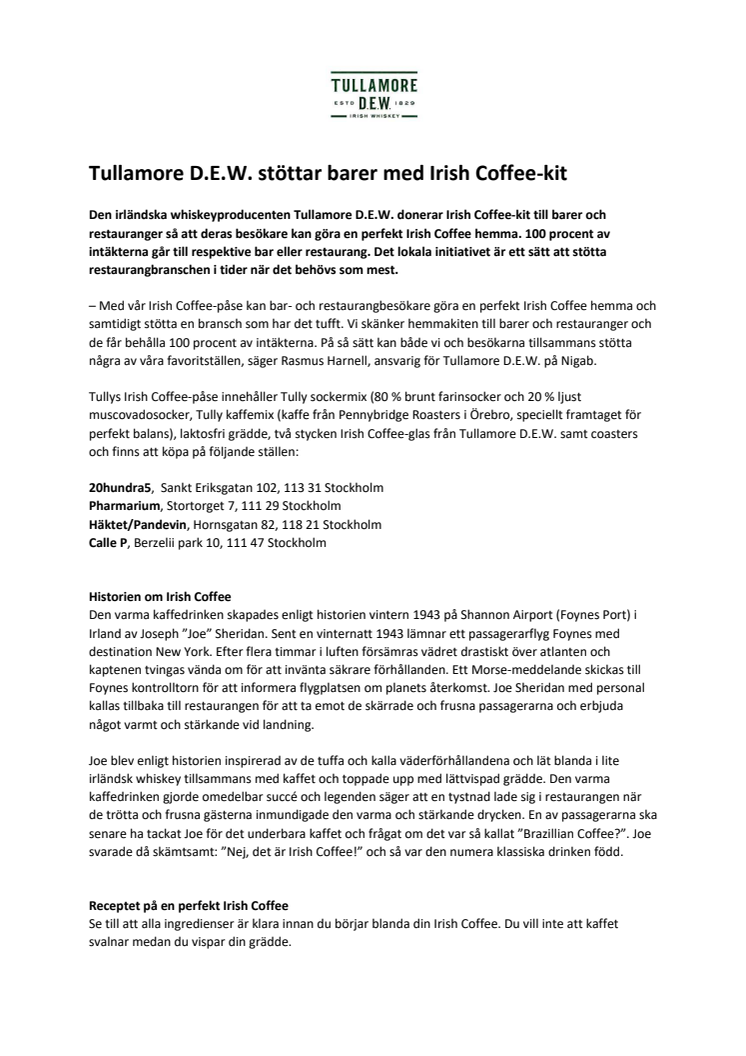 Tullamore D.E.W. stöttar barer med Irish Coffee-kit