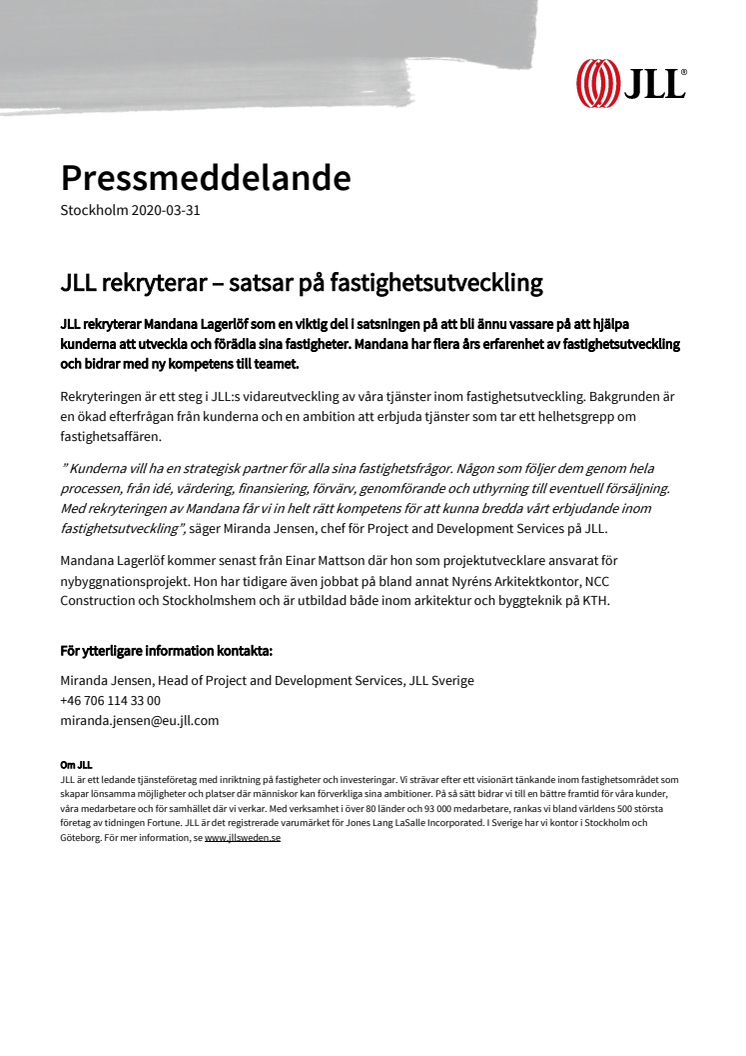 JLL rekryterar – satsar på fastighetsutveckling