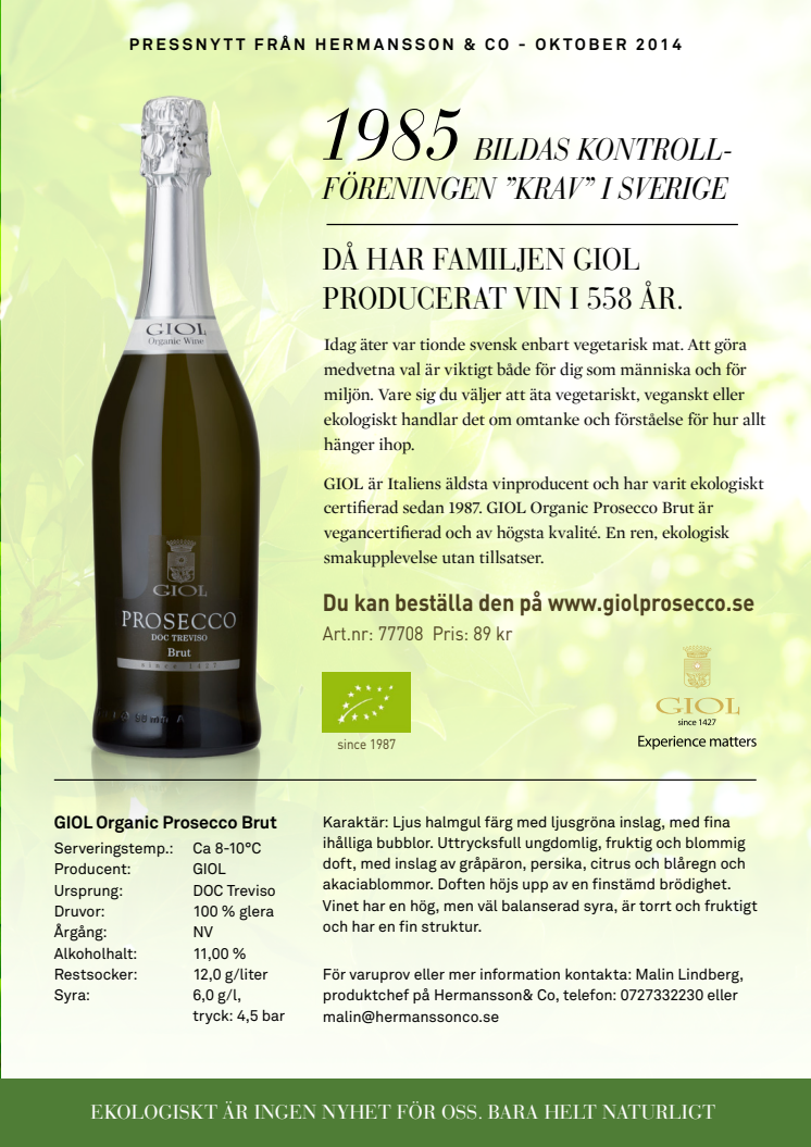 GIOL Organic Prosecco veganvin