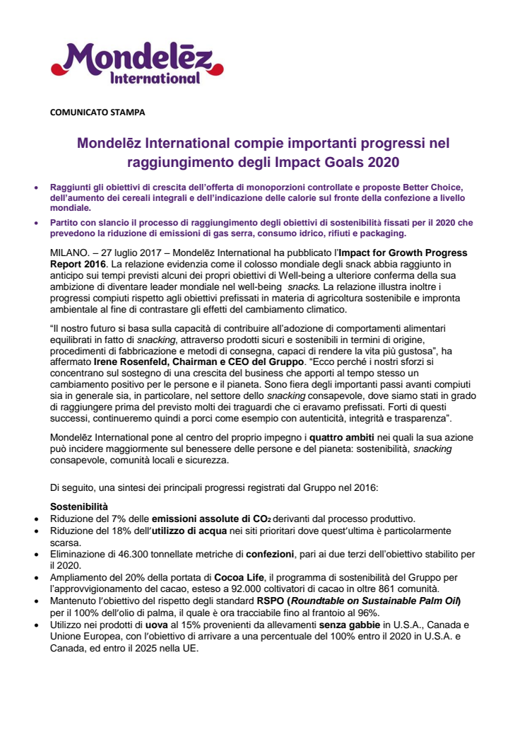 Mondelēz International compie importanti progressi nel raggiungimento degli Impact Goals 2020