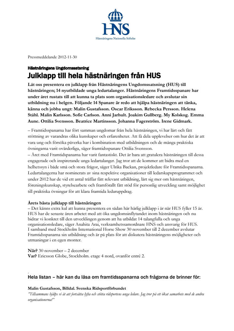 Julklapp till hela hästnäringen från HUS 