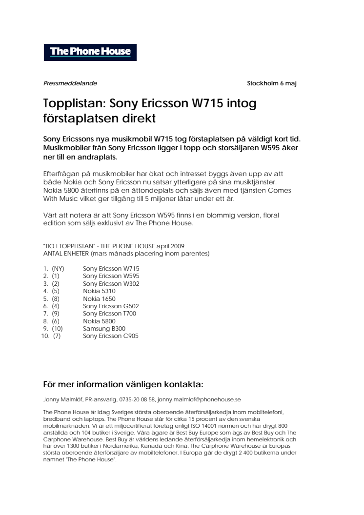 Topplistan: Sony Ericsson W715 intog förstaplatsen direkt