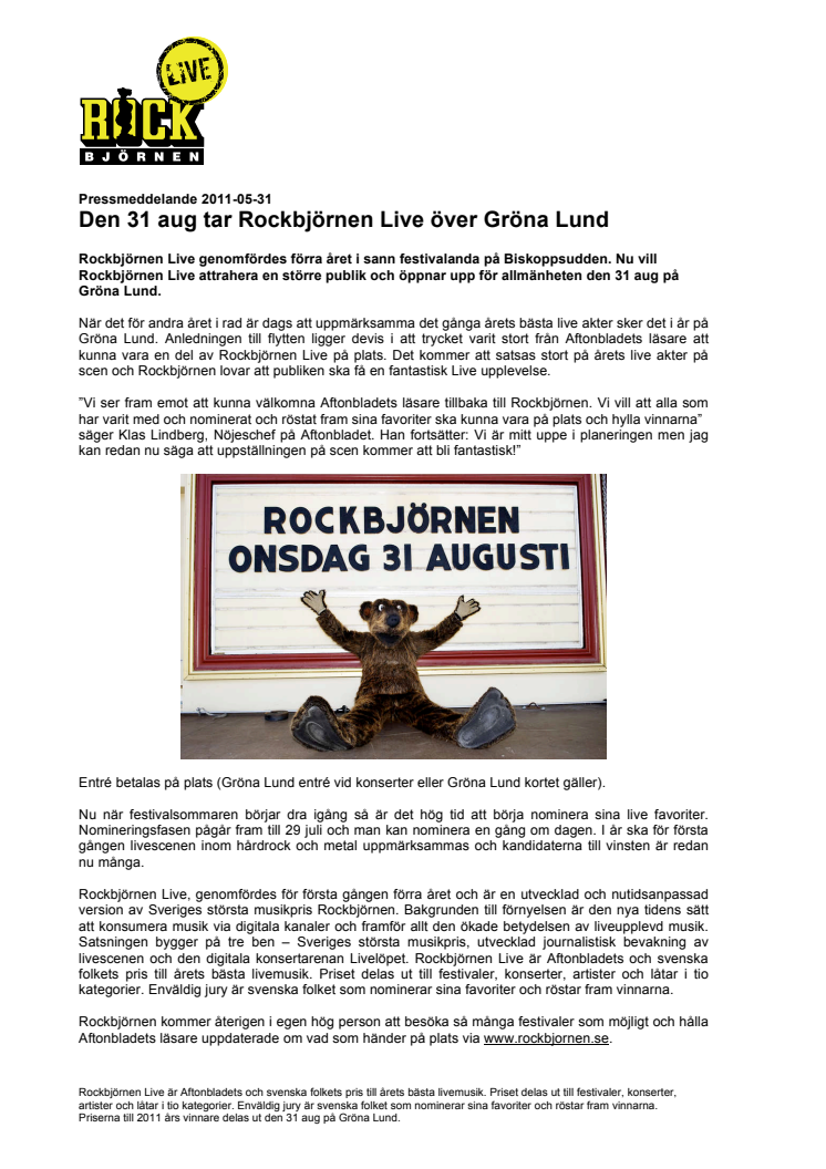 Den 31 aug tar Rockbjörnen Live över Gröna Lund