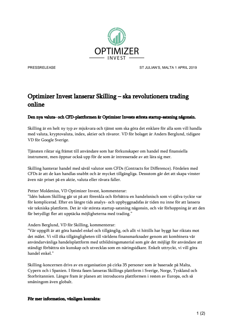 Optimizer Invest lanserar Skilling – ska revolutionera trading online