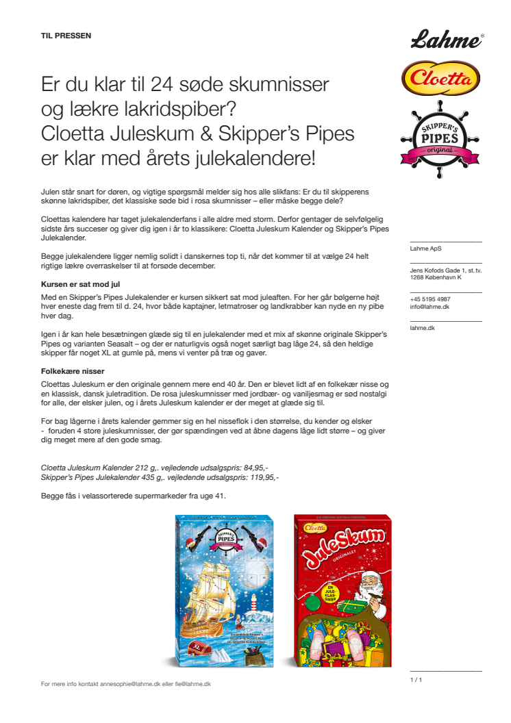 Er du klar til 24 søde skumnisser og lækre lakridspiber? Cloetta Juleskum & Skipper’s Pipes er klar med årets julekalendere!