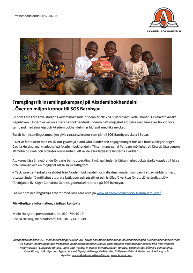 Framgångsrik insamlingskampanj på Akademibokhandeln: Över en miljon kronor till SOS Barnbyar