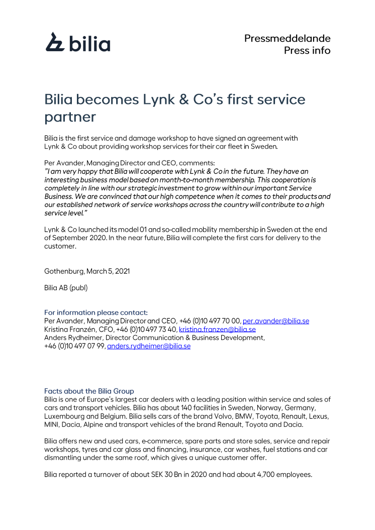 Bilia becomes Lynk & Co’s first service partner