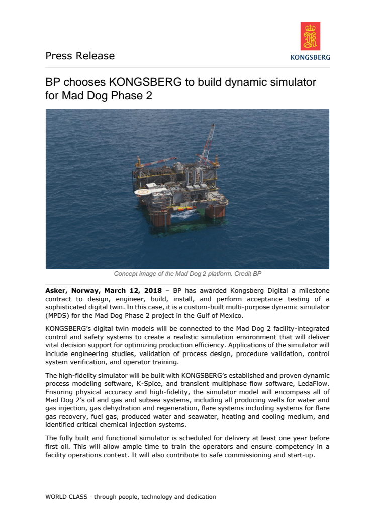 Kongsberg Digital: BP chooses KONGSBERG to build dynamic simulator for Mad Dog Phase 2