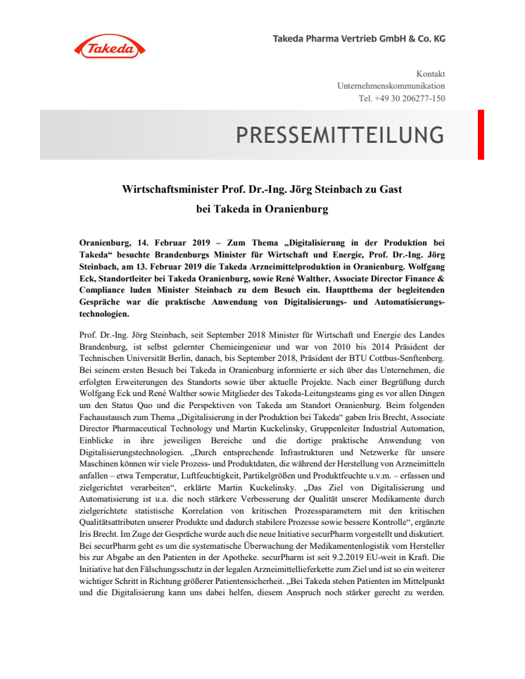 Wirtschaftsminister Prof. Dr.-Ing. Jörg Steinbach zu Gast bei Takeda in Oranienburg