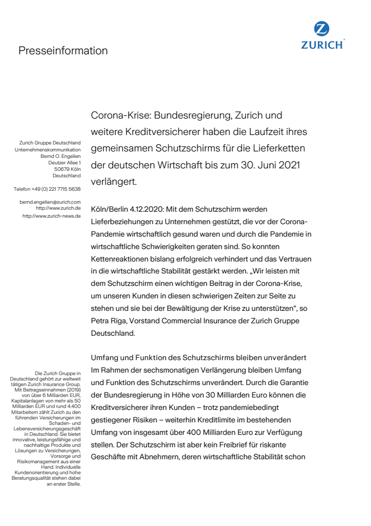 Corona-Krise: Bundesregierung, Zurich und weitere Kreditversicherer haben die Laufzeit ihres gemeinsamen Schutzschirms für die Lieferketten der deutschen Wirtschaft bis zum 30. Juni 2021 verlängert. 