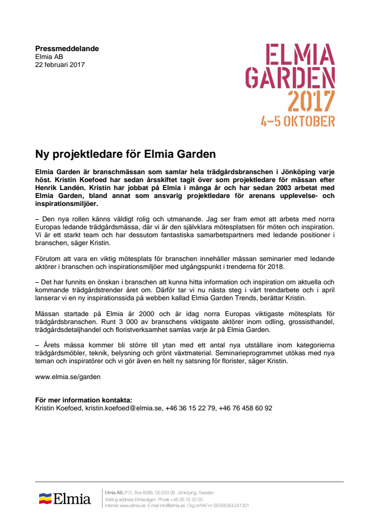 Ny projektledare för Elmia Garden