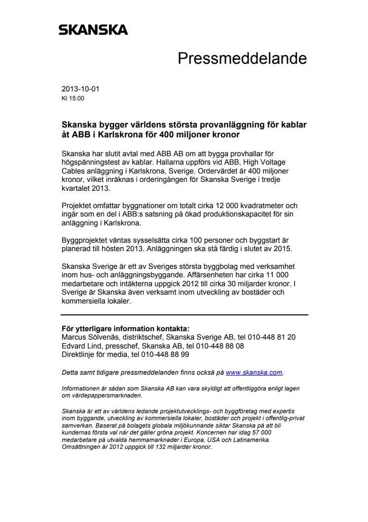 Skanska bygger världens största provanläggning för kablar åt ABB i Karlskrona för 400 miljoner kronor