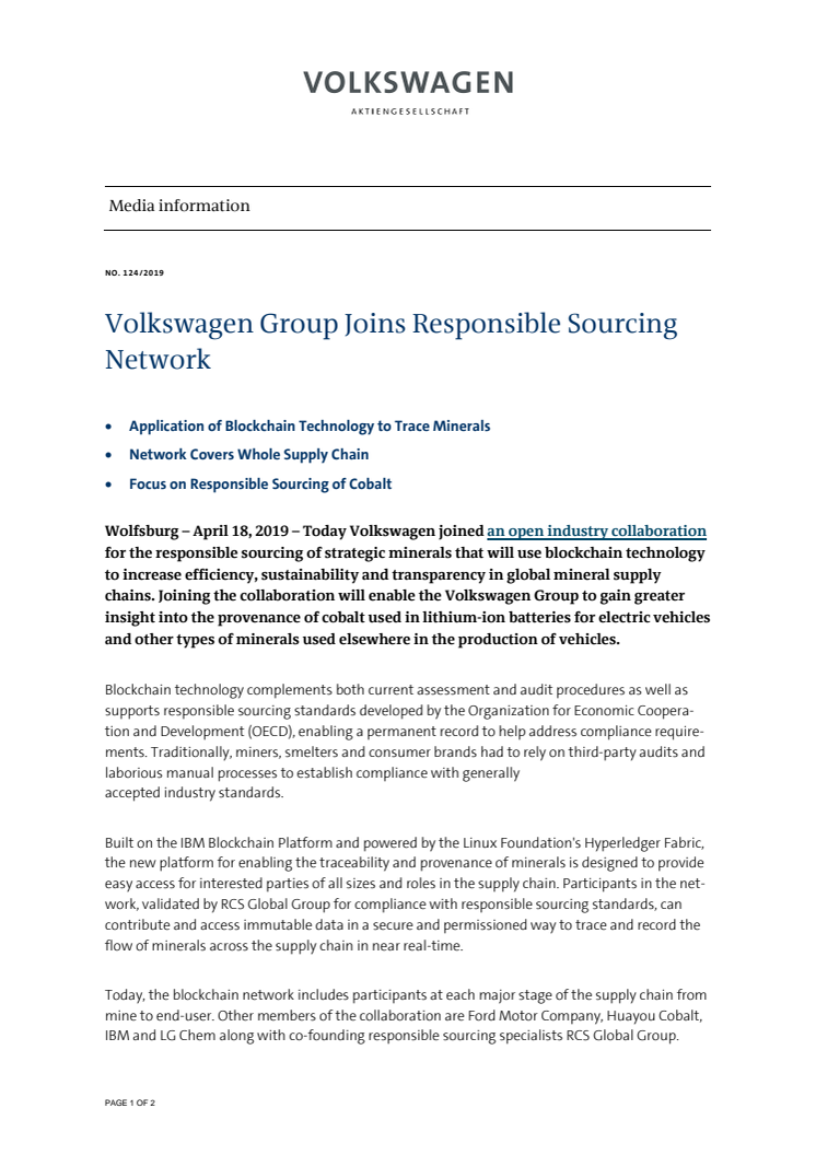 Volkswagen Group Joins Responsible Sourcing Network