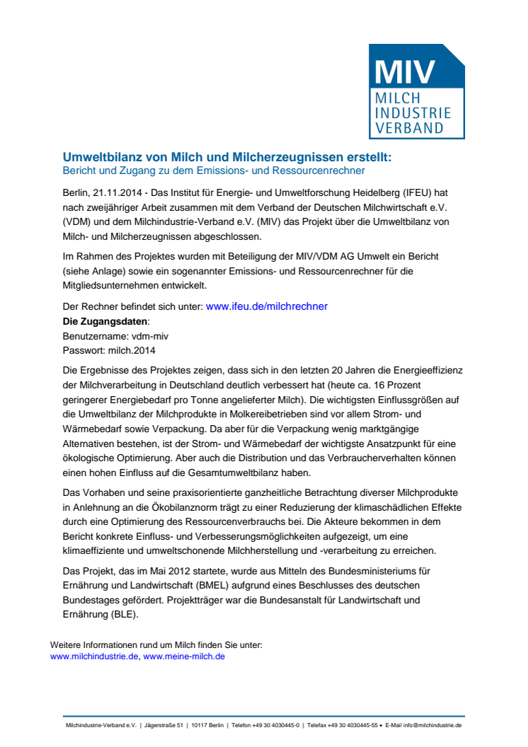 Umweltbilanz von Milch und Milcherzeugnissen erstellt:  Bericht und Zugang zu dem Emissions- und Ressourcenrechner