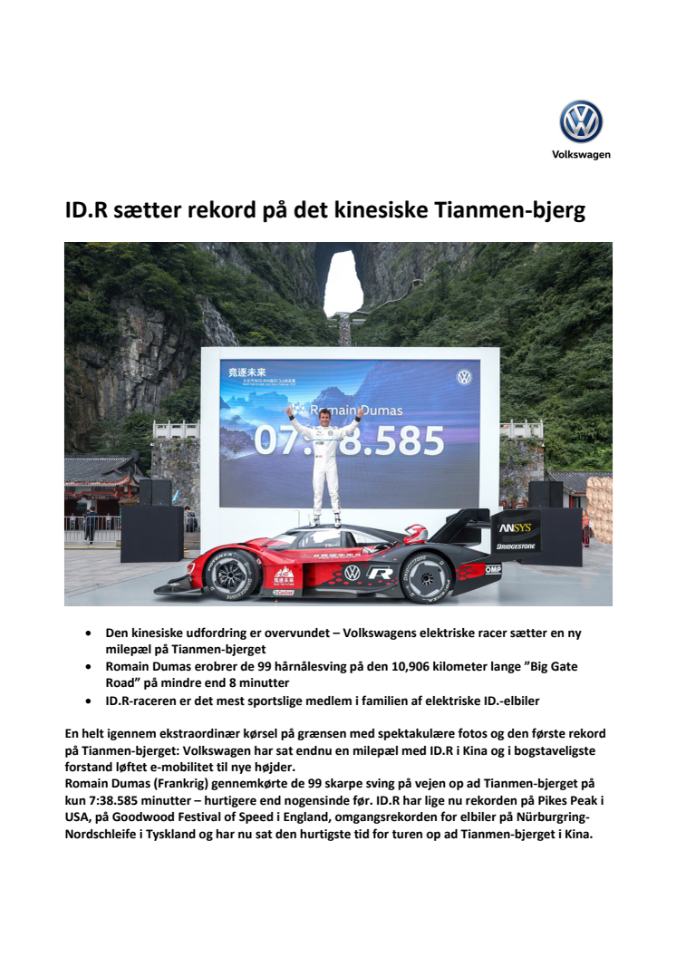 Volkswagen ID.R sætter rekord på det kinesiske Tianmen-bjerg