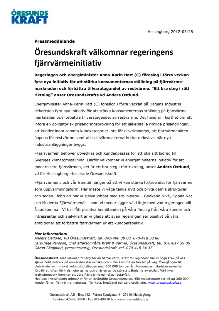 Öresundskraft välkomnar regeringens fjärrvärmeinitiativ