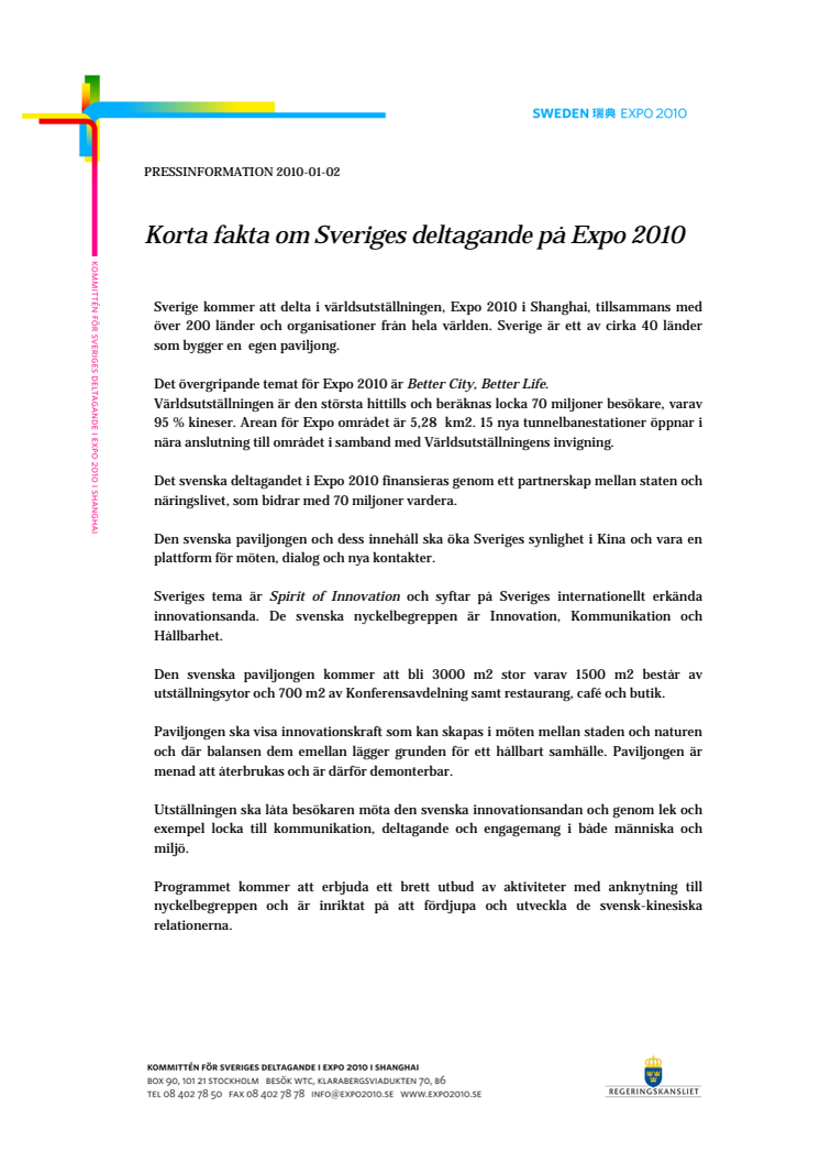 Faktablad: Sveriges deltagande på Expo 2010