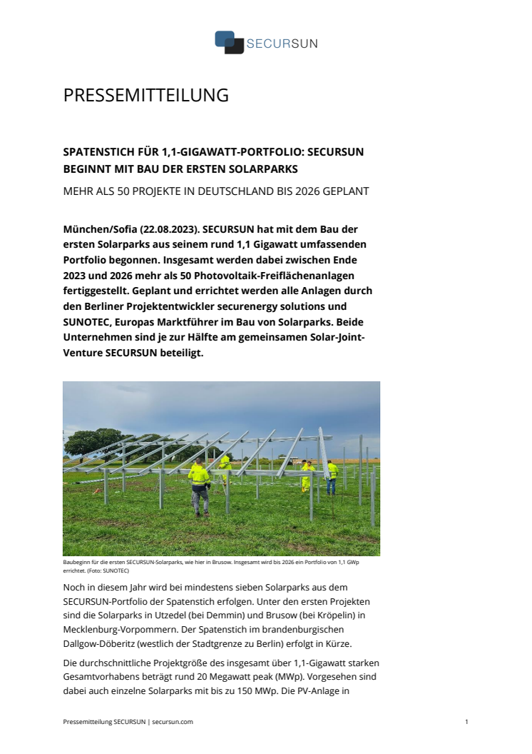 Pressemitteilung: Spatenstich für 1,1-Gigawatt-Portfolio: SECURSUN beginnt mit Bau der ersten Solarparks