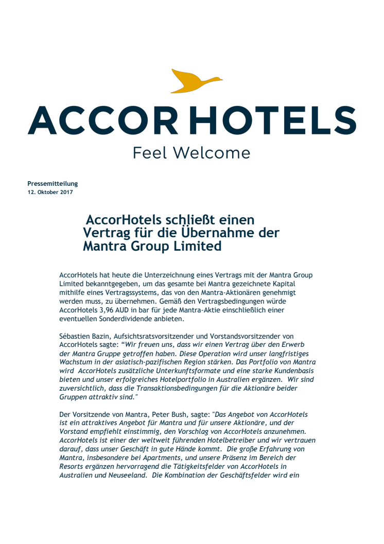 AccorHotels schließt einen Vertrag für die Übernahme der Mantra Group Limited