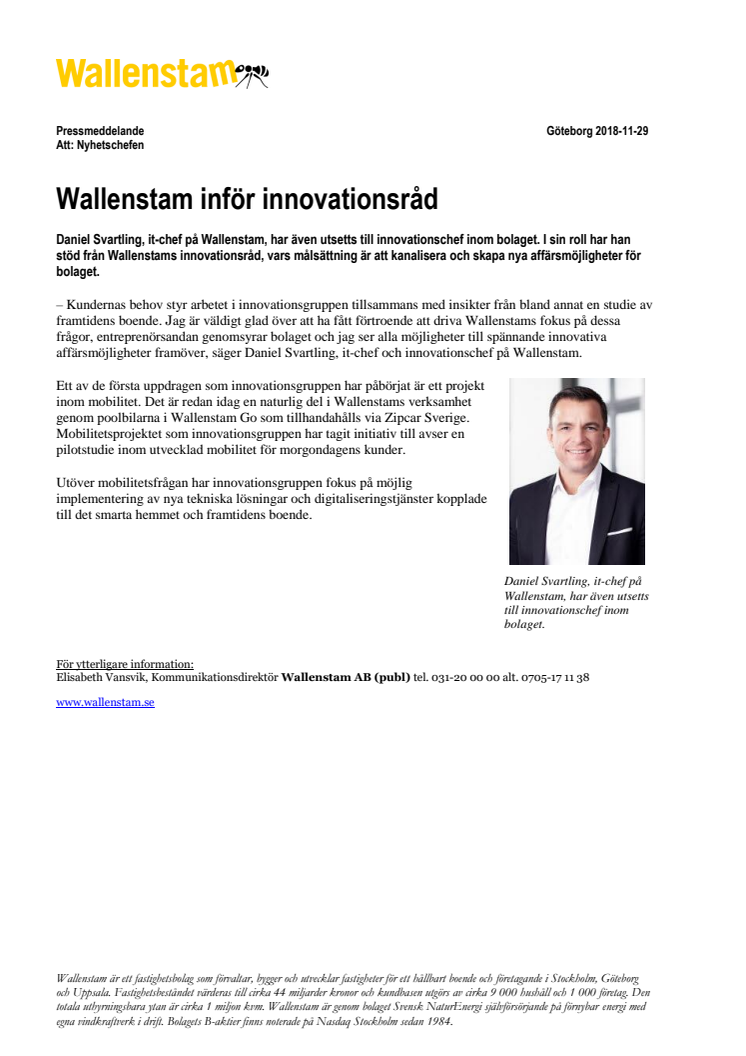 Wallenstam inför innovationsråd