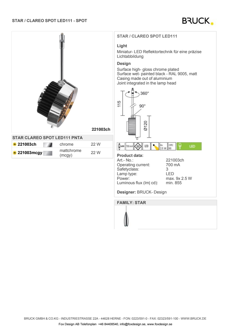 Produktblad Bruck Star Clareo LED111 som pdf.