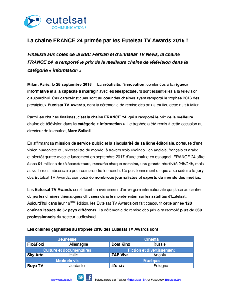La chaîne FRANCE 24 primée par les Eutelsat TV Awards 2016 !
