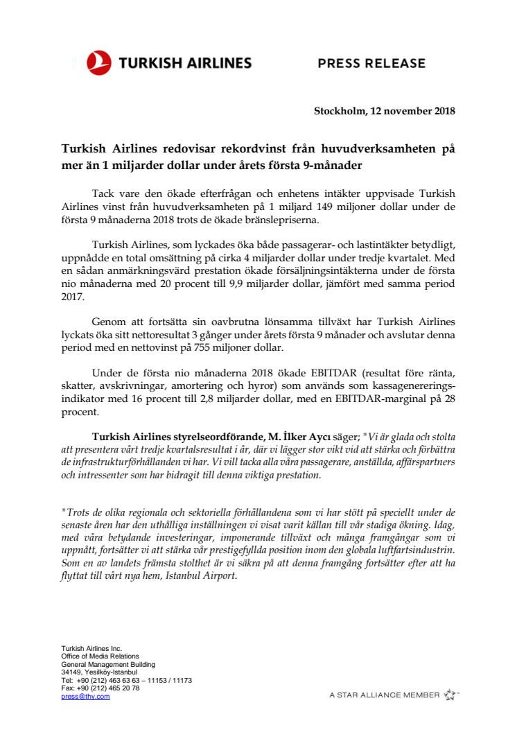 Turkish Airlines redovisar rekordvinst från huvudverksamheten på mer än 1 miljarder dollar under årets första 9-månader