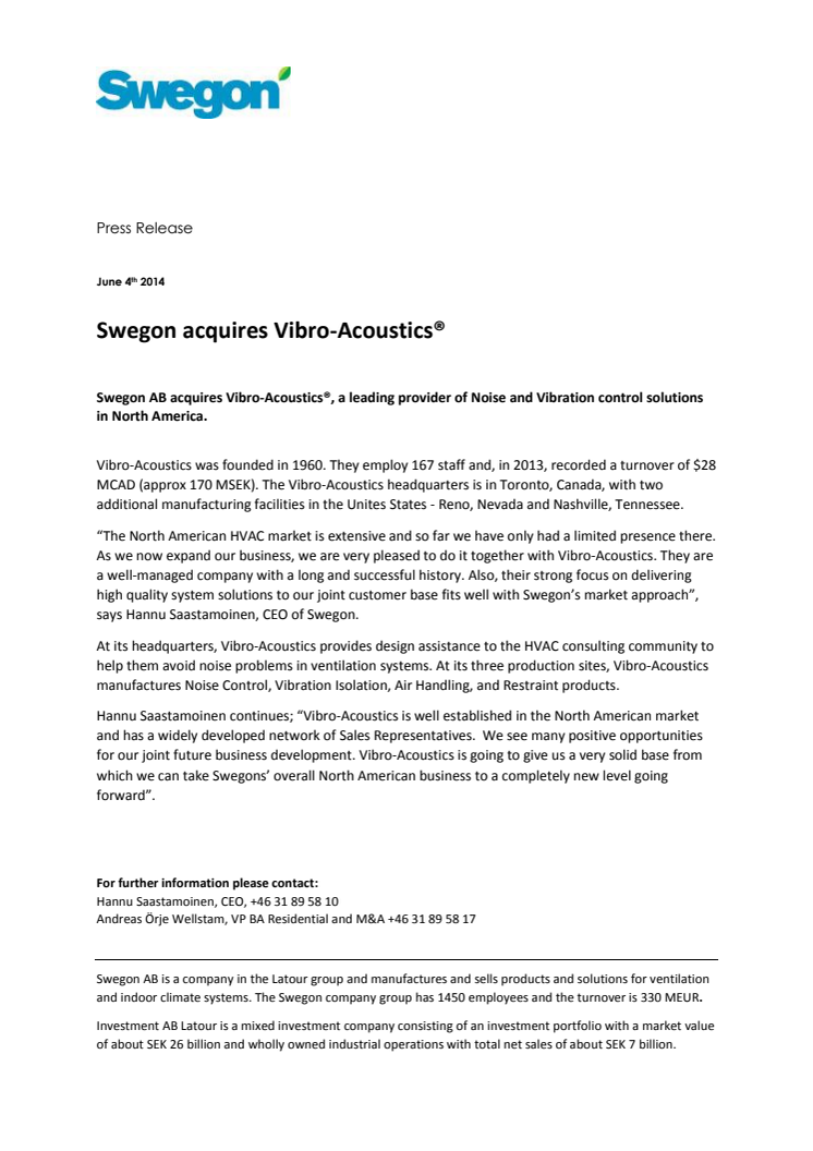 Swegon acquires Vibro-Acoustics®
