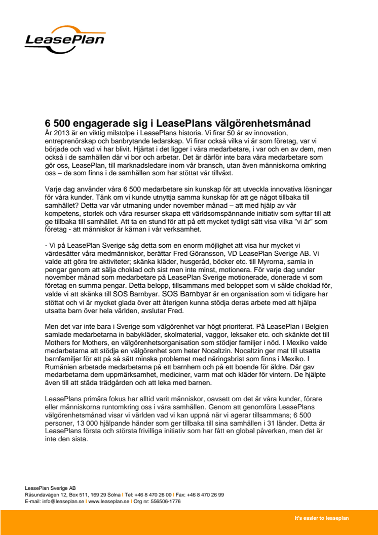 6 500 engagerade sig i LeasePlans välgörenhetsmånad