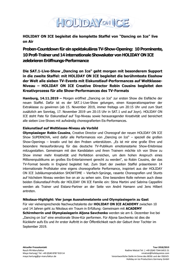 Proben-Countdown für ein spektakuläres TV-Show-Opening: 10 Prominente, 10 Profi-Trainer und 14 internationale Showskater von HOLIDAY ON ICE zelebrieren Eröffnungs-Performance