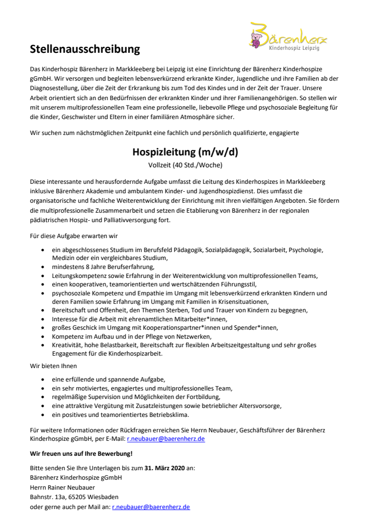 Stellenausschreibung: Hospizleitung (m/w/d) in Vollzeit (40 Std./Woche)