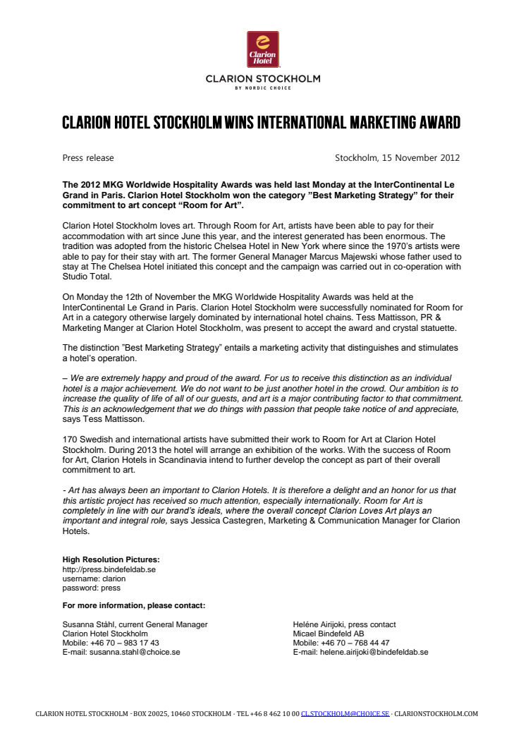 Clarion Hotel Stockholm wins international hospitality award