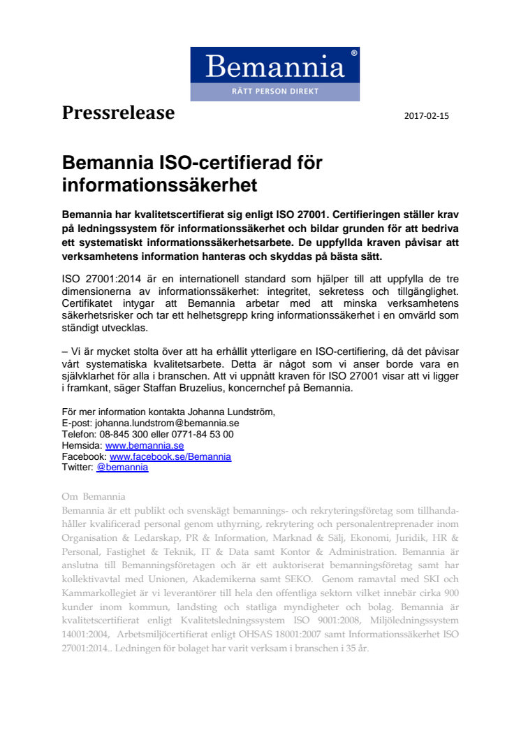 Bemannia ISO-certifierad för informationssäkerhet