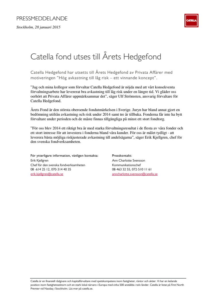 Catella fond utses till Årets Hedgefond