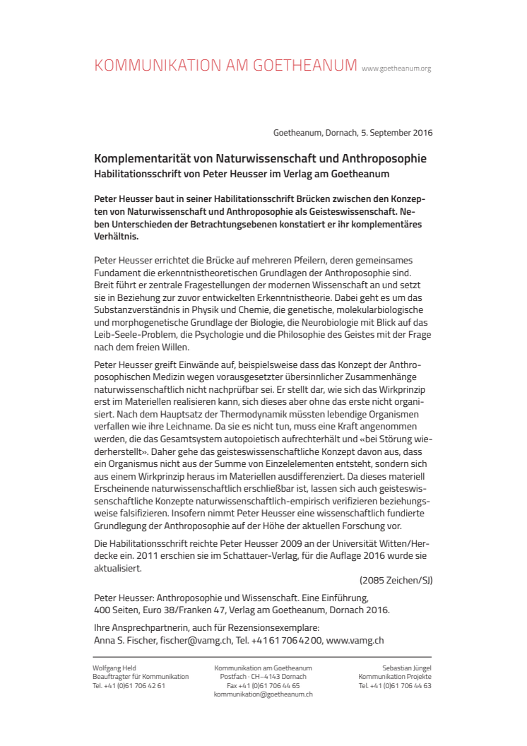 Komplementarität von Naturwissenschaft und Anthroposophie. Habilitationsschrift von Peter Heusser im Verlag am Goetheanum