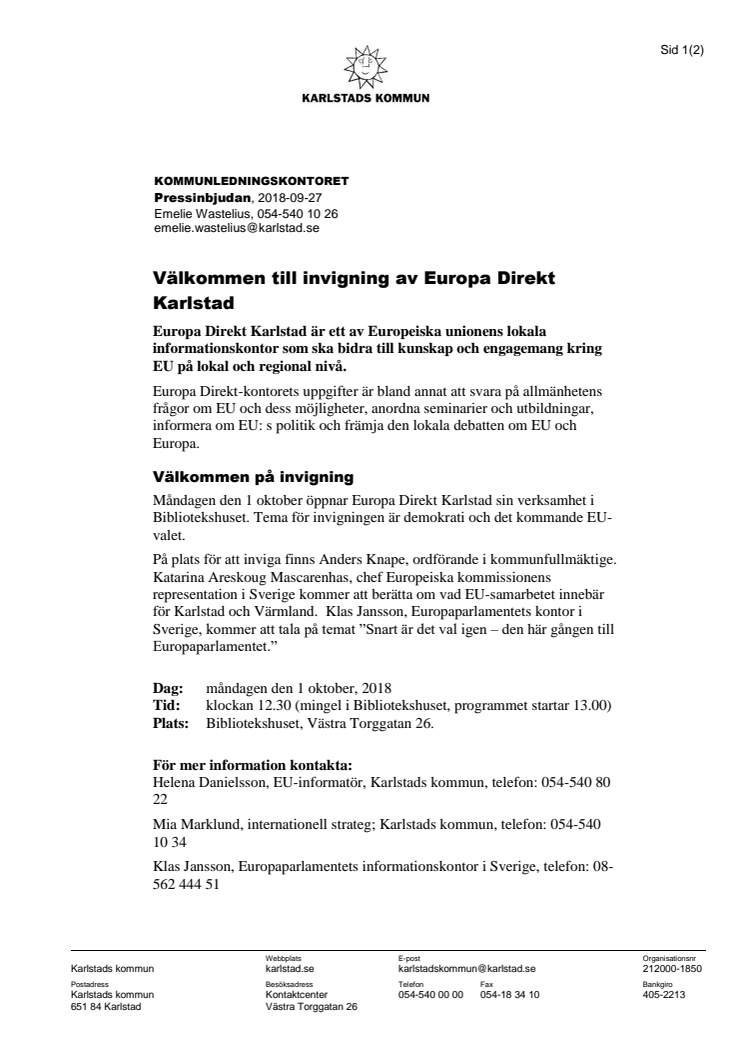 Pressinbjudan: Välkommen till invigning av Europa Direkt Karlstad