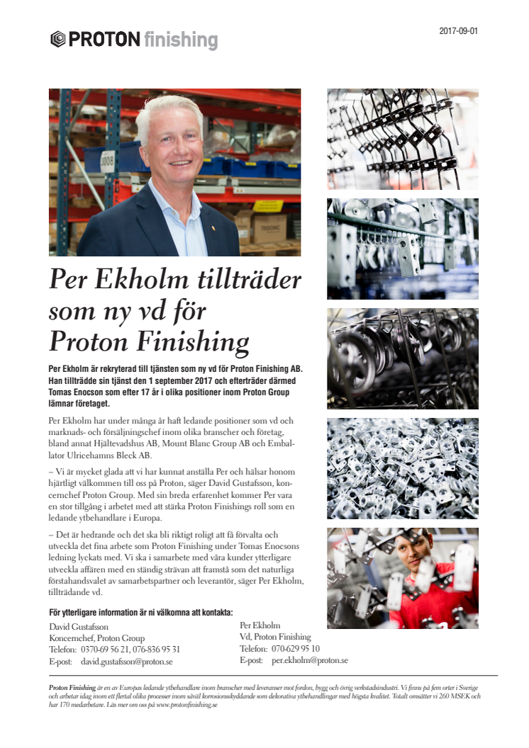 Per Ekholm tillträder som ny vd för Proton Finishing