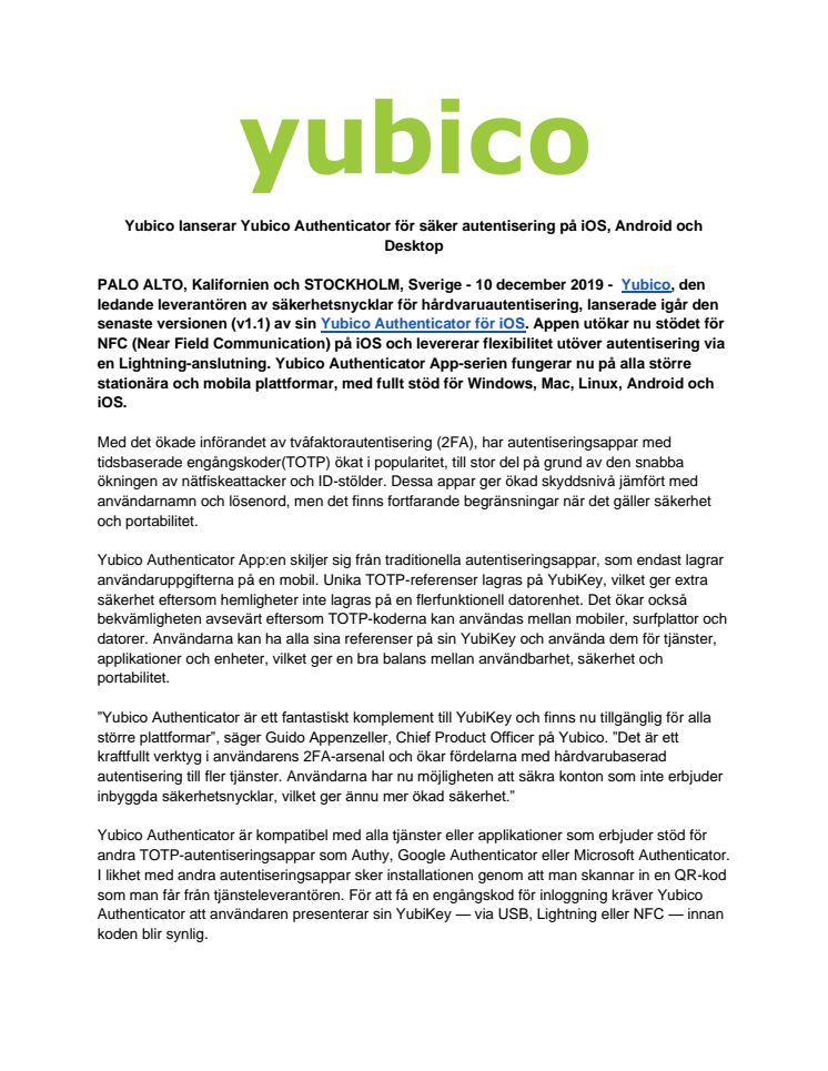 Yubico lanserar Yubico Authenticator för säker autentisering på iOS, Android och Desktop