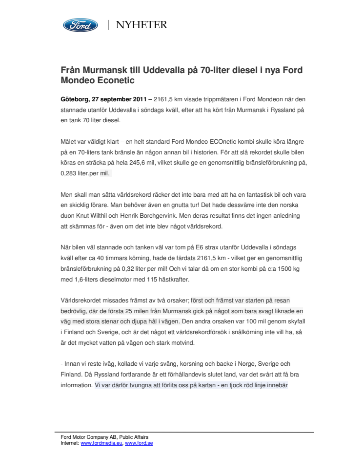 Från Murmansk till Uddevalla på 70-liter diesel i nya Ford Mondeo Econetic