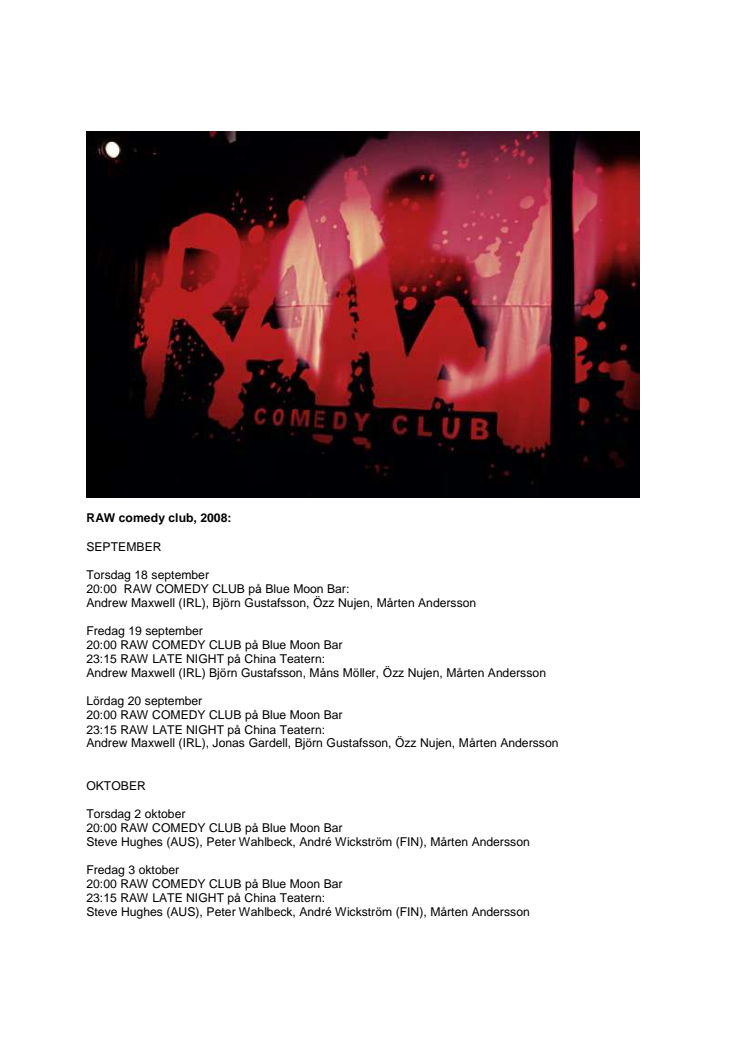 RAW comedy club höstschema 2008