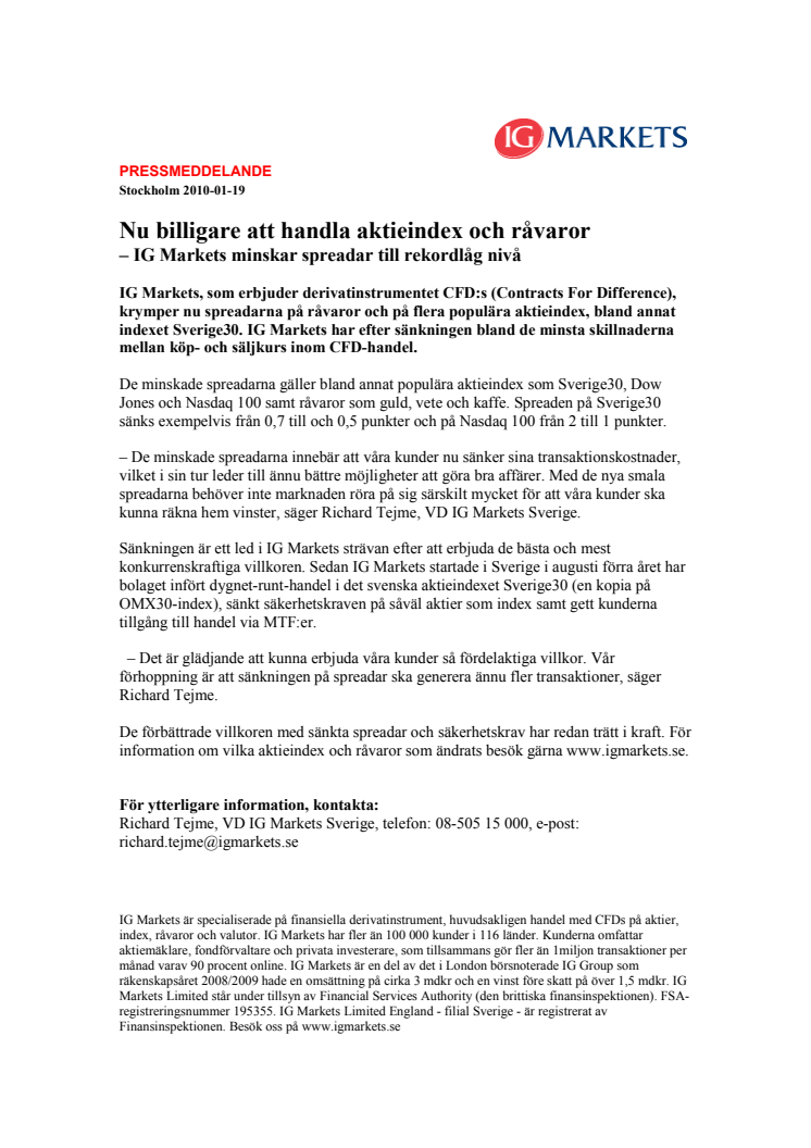 Nu billigare att handla aktieindex och råvaror – IG Markets minskar spreadar till rekordlåg nivå