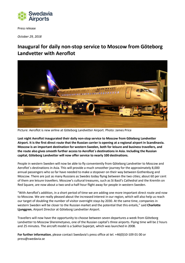 Inauguration for daily non-stop service to Moscow from Göteborg Landvetter with Aeroflot 