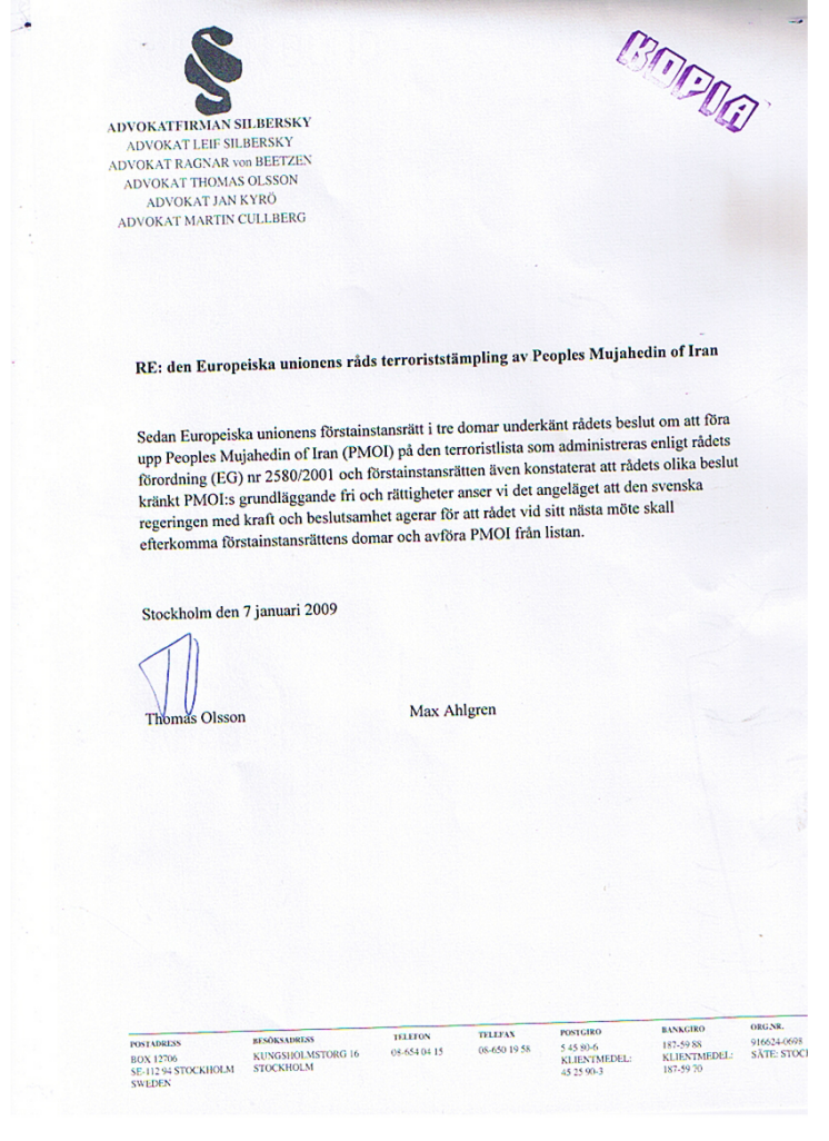 Advokat Thomas Olsson uppmanar regeringen att avföra PMOI från EU:s terrorlista